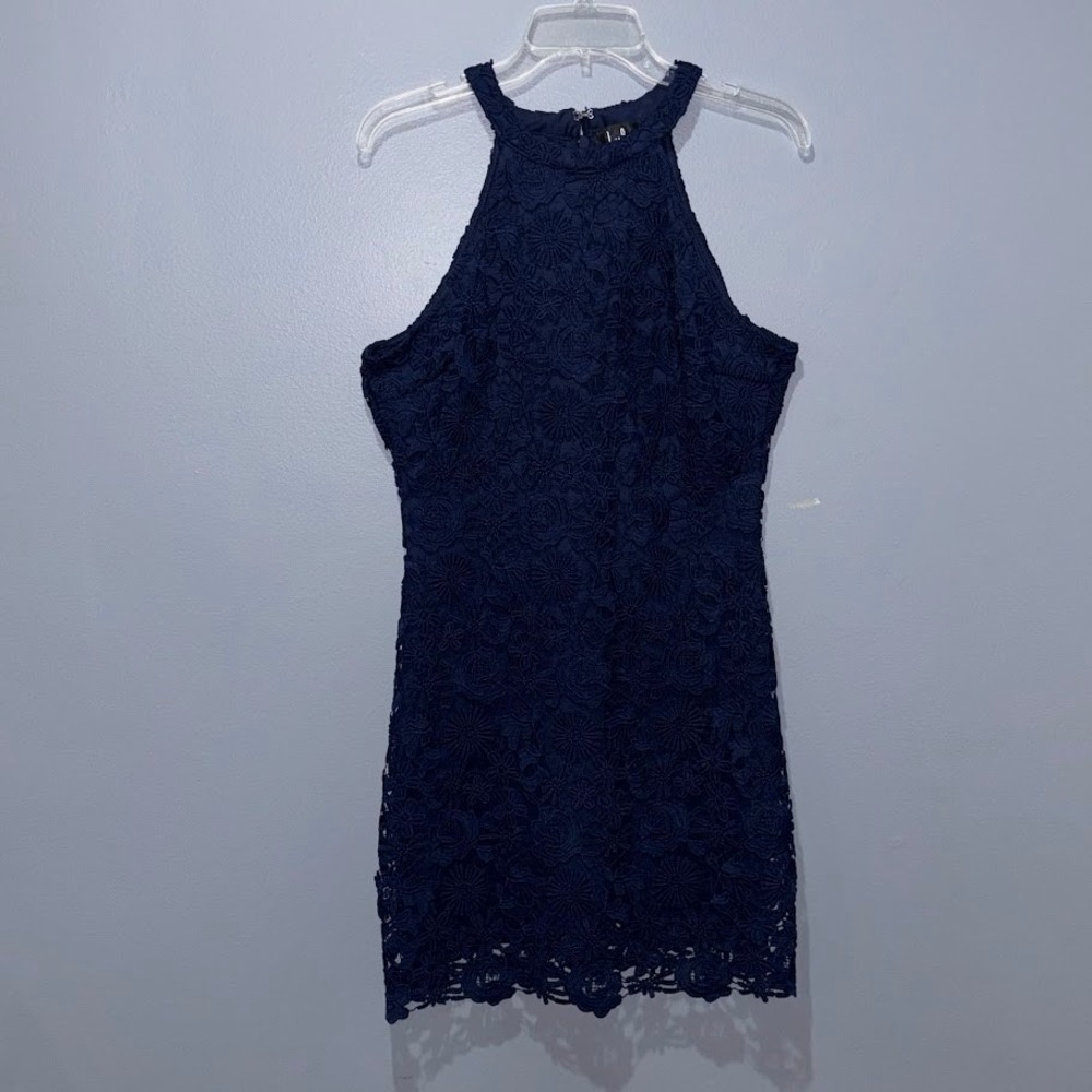 Lulus Lace Mini Dress Womens L Navy Blue Floral Halter Sleeveless Cocktail‎ Chic